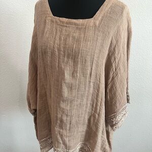 Monoreno Tan Blouse with Embroidered Details 100% Linen